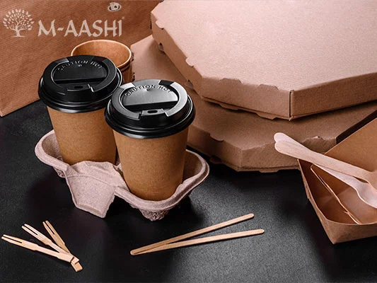 Several AASHI products in the sustainability category including ECOSAVE plates, Compostable plates, Renew trash bags and Compostables trash bags